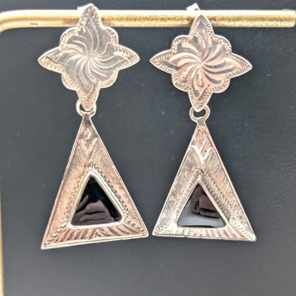 Vintage 925 LEX Sterling Silver Black Onyx Dangle Post Earrings - Picture 1 of 7